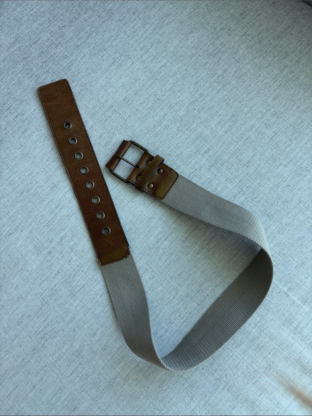 Women's Beige Fabric Belt with Brown Leather Accents - Casual Everyday